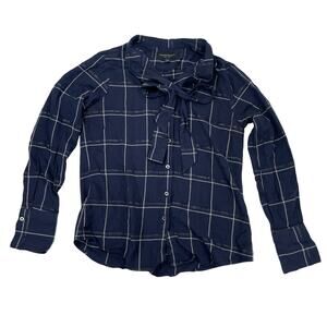 Banana Republic Dillon Shirt Navy Blue Plaid Tie Neck Blouse XS Women